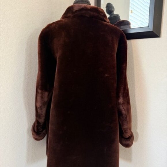 VINTAGE 50s Mouton Sheepskin Fur Chocolate Brown Coat Large - Picture 4 of 16